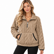 Pull Teddy Femme - Col Montant Demi-Zip avec Poche Kangourou et Manches Longues