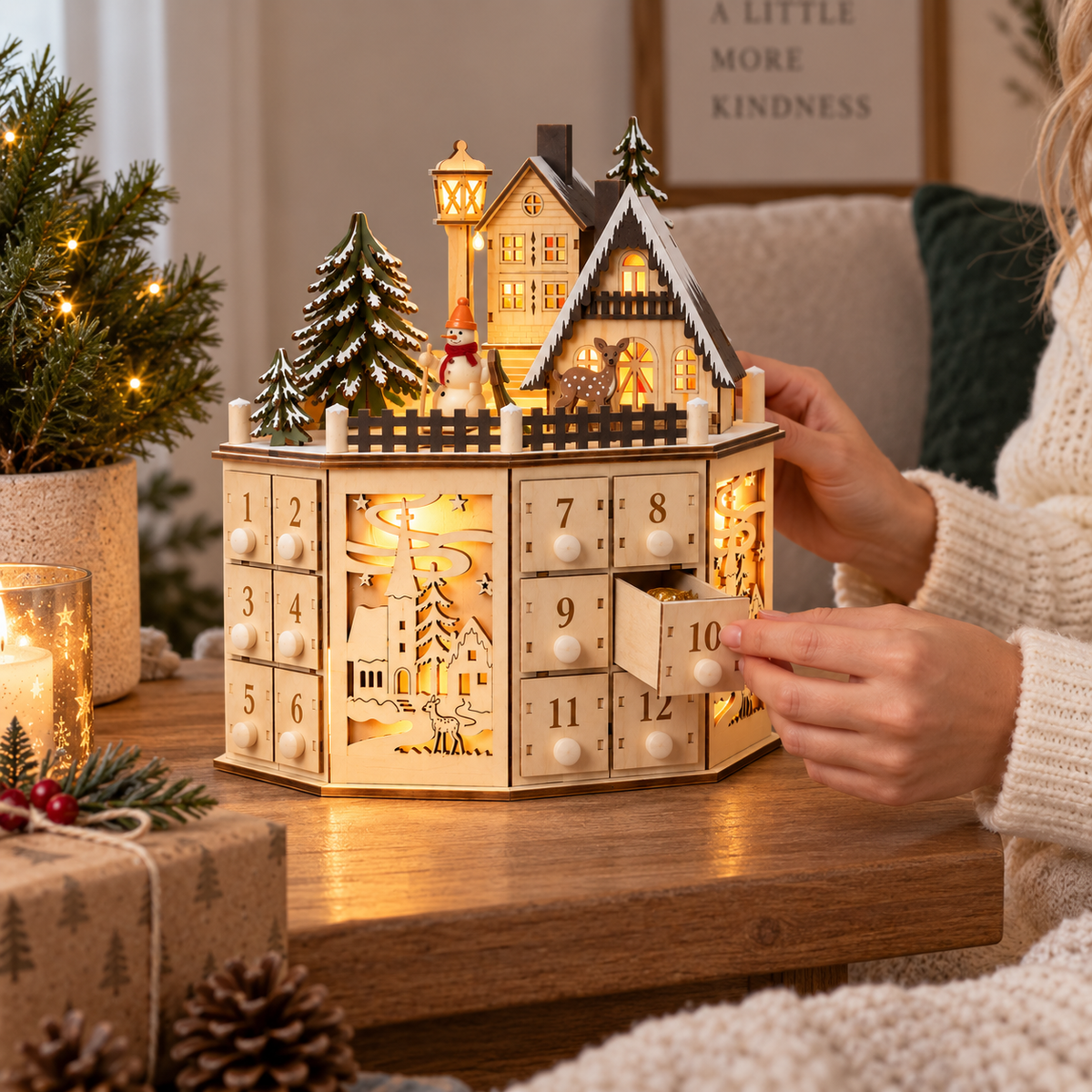 Calendrier de l'Avent en Bois - 24 Tiroirs Numérotés avec Éclairage LED Intégré