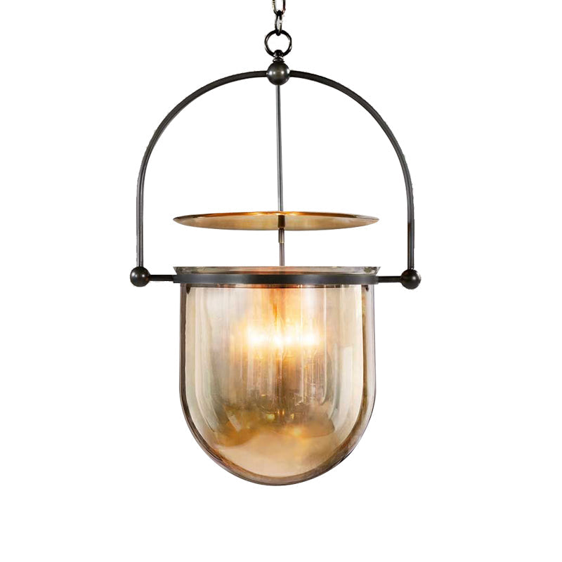 3 Lustre à 3 Lumières avec Écrans en Verre - Construction en Métal Noir et Laiton