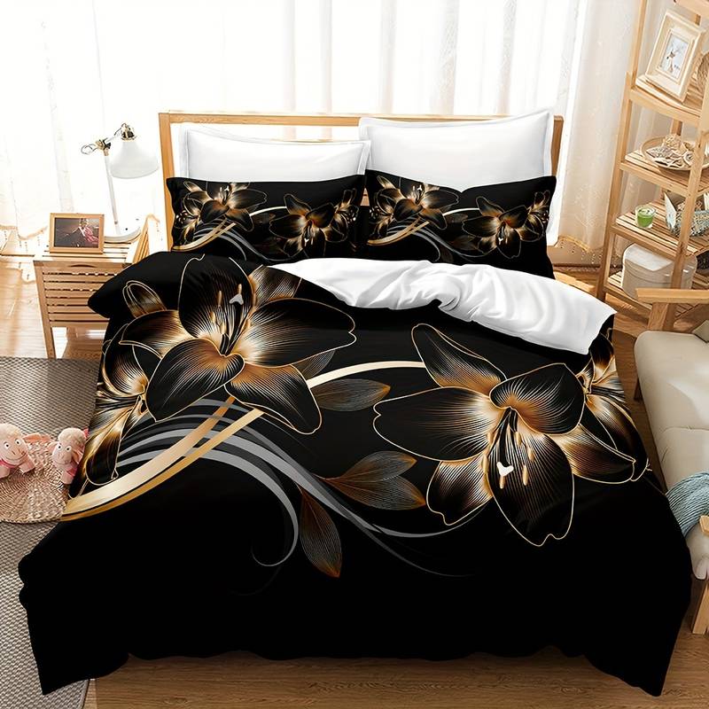 Ensemble Housse de Couette Fleurie Noire et Dorée - Coton et Polyester