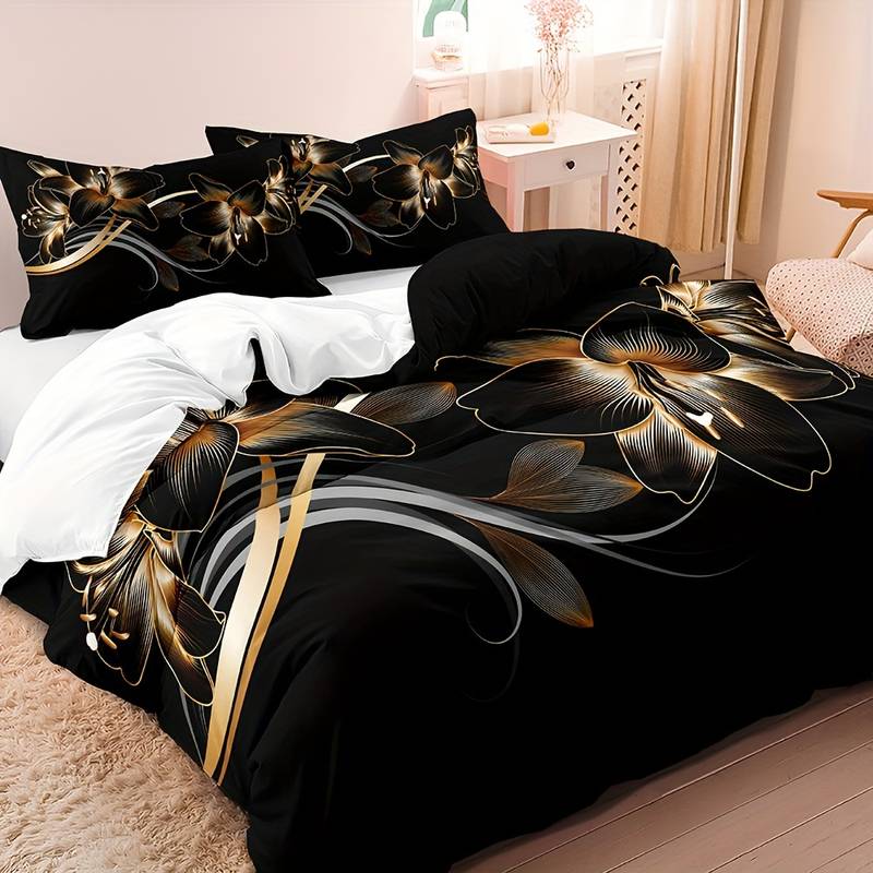 Ensemble Housse de Couette Fleurie Noire et Dorée - Coton et Polyester