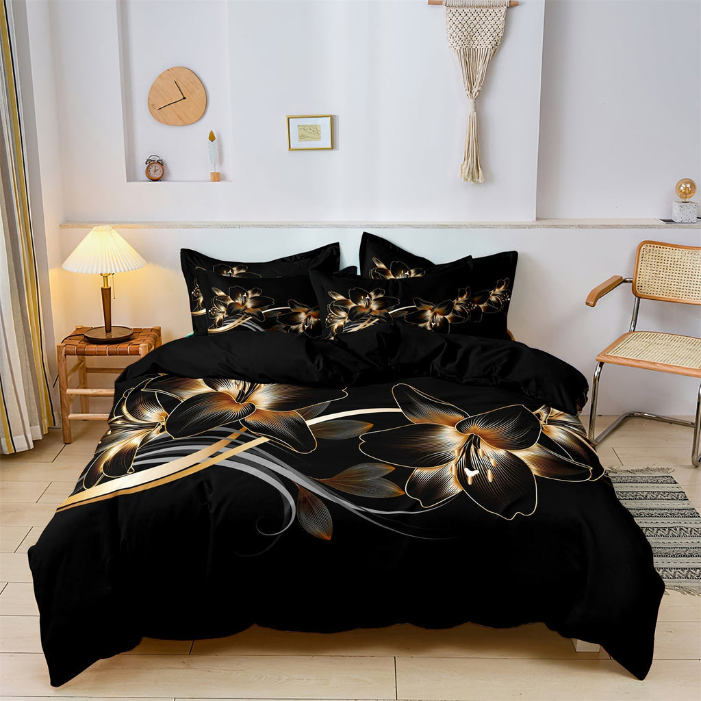 Ensemble Housse de Couette Fleurie Noire et Dorée - Coton et Polyester
