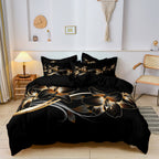 Ensemble Housse de Couette Fleurie Noire et Dorée - Coton et Polyester