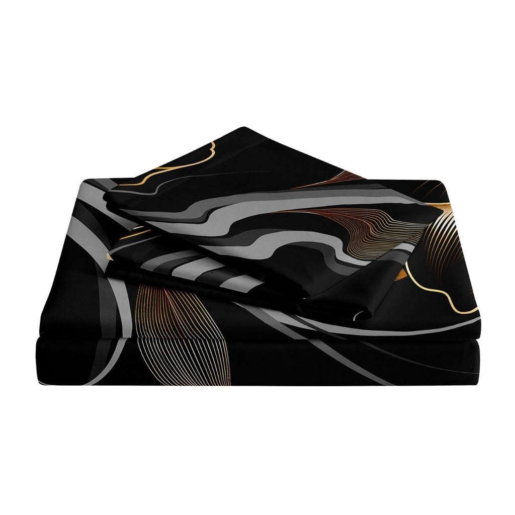 Ensemble Housse de Couette Fleurie Noire et Dorée - Coton et Polyester