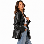 Blazer Femme en Cuir - Revers Classiques avec Fermeture à Un Bouton