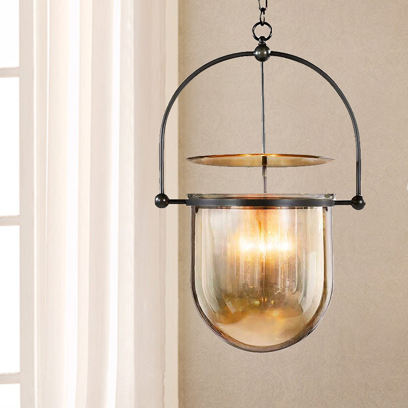 3 Lustre à 3 Lumières avec Écrans en Verre - Construction en Métal Noir et Laiton