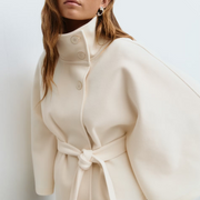 Cape-Manteau Femme en Mélange de Laine - Col Montant avec Ceinture à Nouer