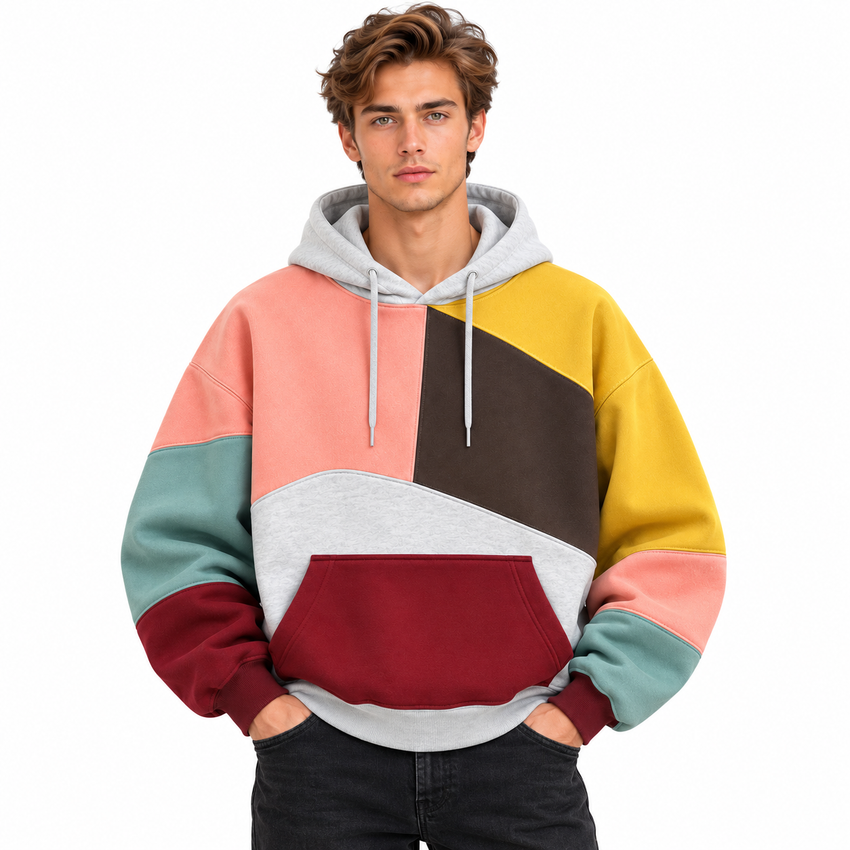 Hoodie Color Block Homme - Design Patchwork avec Capuche à Cordon