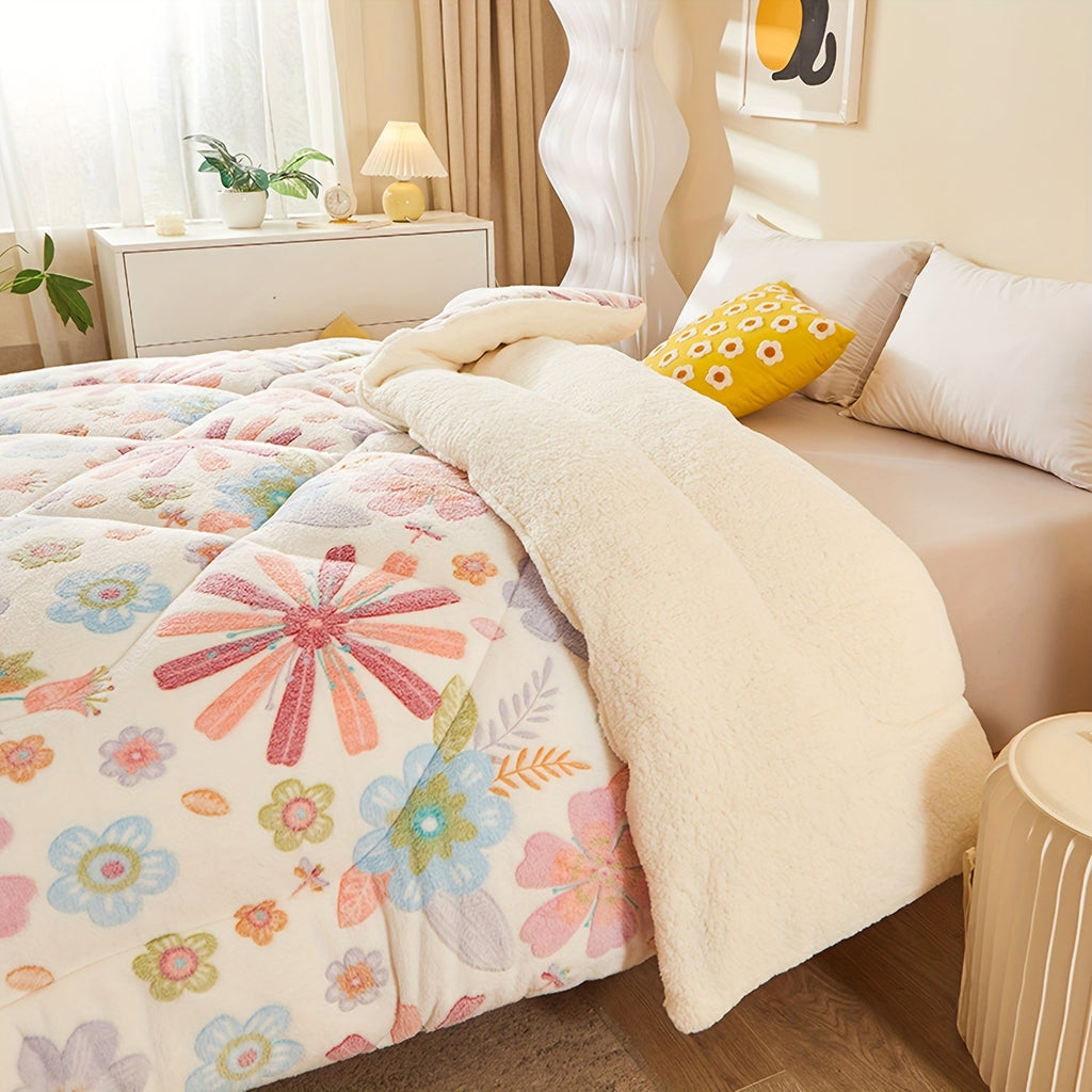 Couette d'Hiver en Fleece à Fleurs - Literie Matelassée en Polyester pour Automne et Hiver