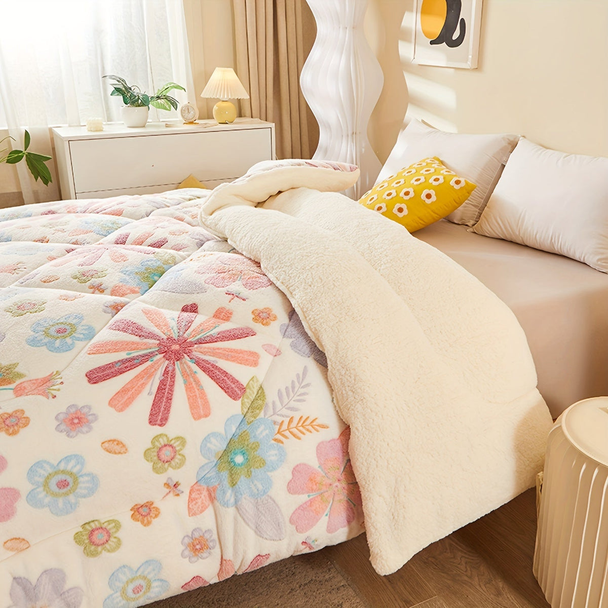 Couette d'Hiver en Fleece à Fleurs - Literie Matelassée en Polyester pour Automne et Hiver
