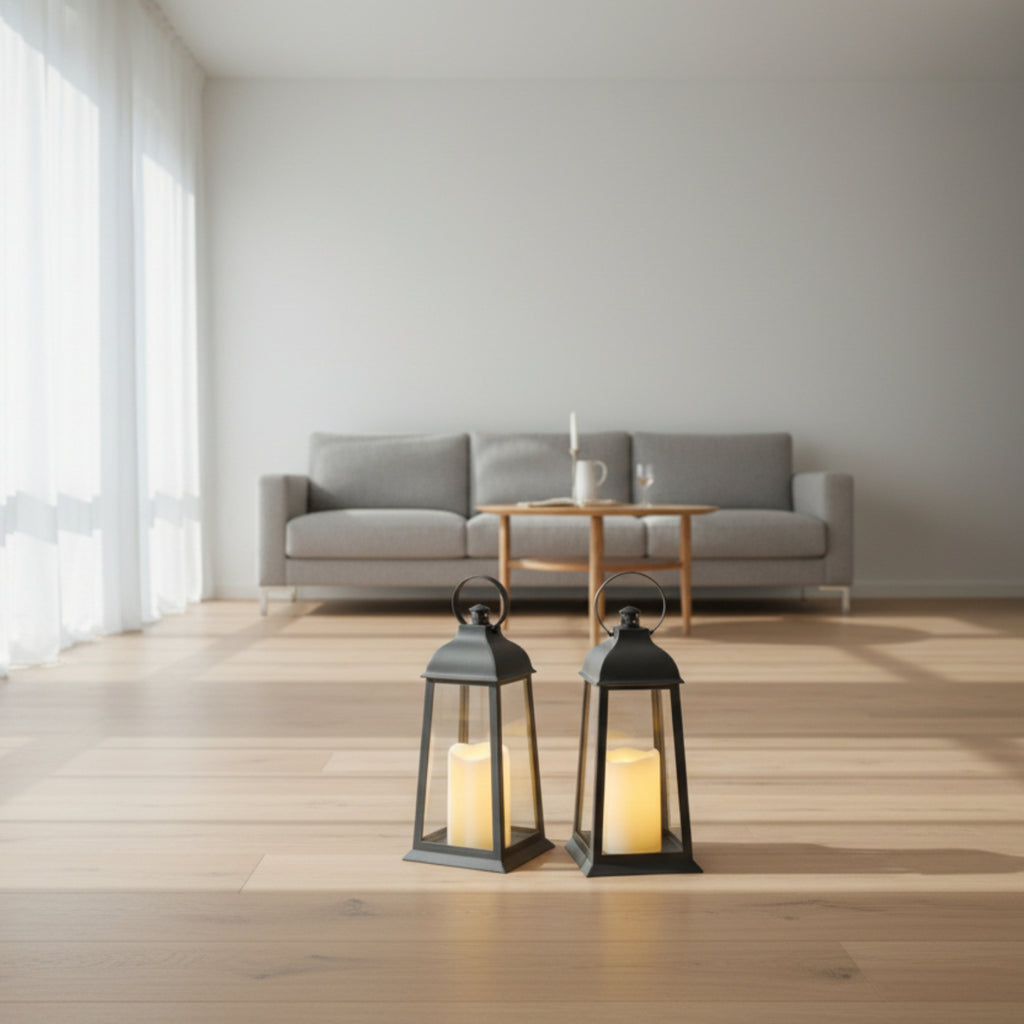 Ensemble de Lanternes LED - 2 Veilleuses Décoratives Grises avec LED Effet Bougie