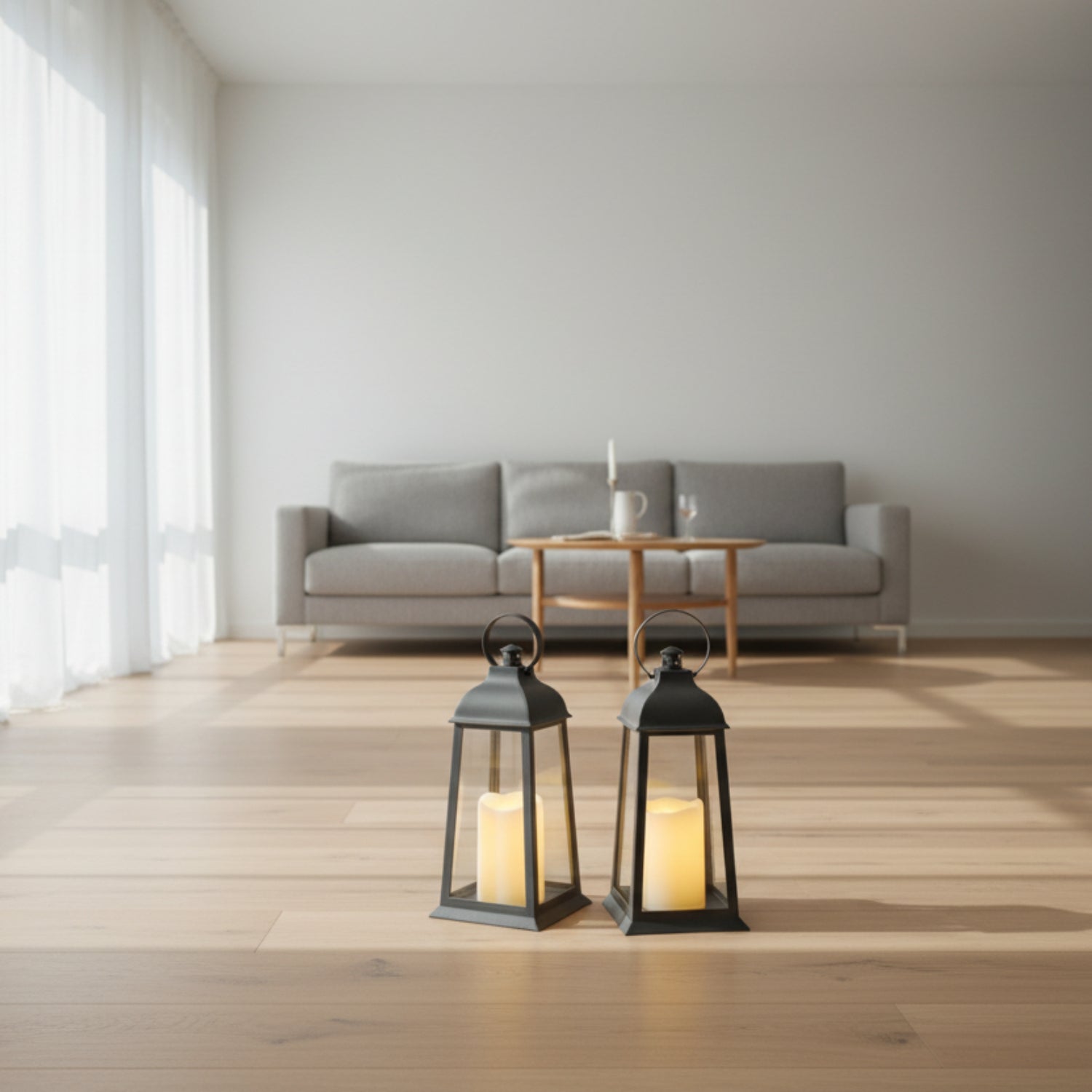 Ensemble de Lanternes LED - 2 Veilleuses Décoratives Grises avec LED Effet Bougie