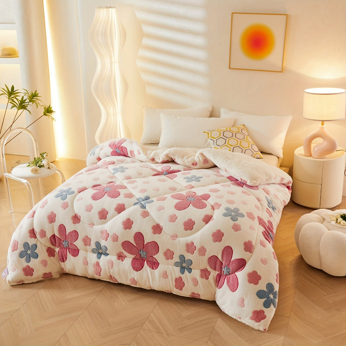Couette d'Hiver en Fleece à Fleurs - Literie Matelassée en Polyester pour Automne et Hiver