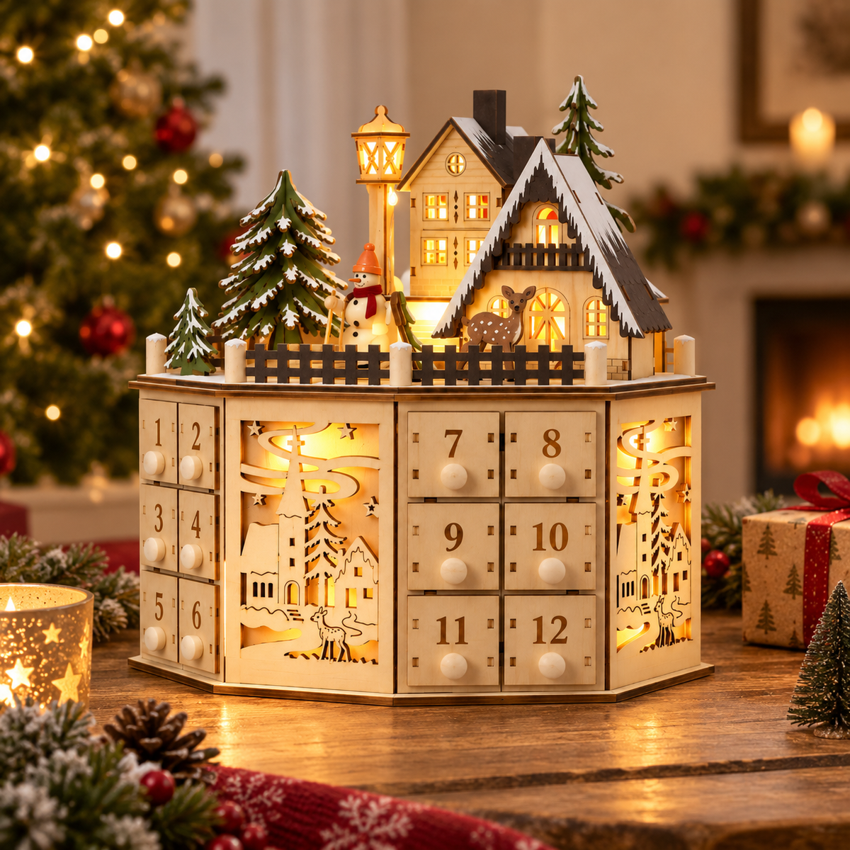 Calendrier de l'Avent en Bois - 24 Tiroirs Numérotés avec Éclairage LED Intégré