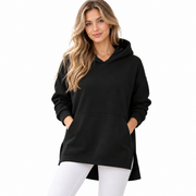 Hoodie Longline Femme - Coupe Oversized avec Épaules Tombantes et Fentes Latérales