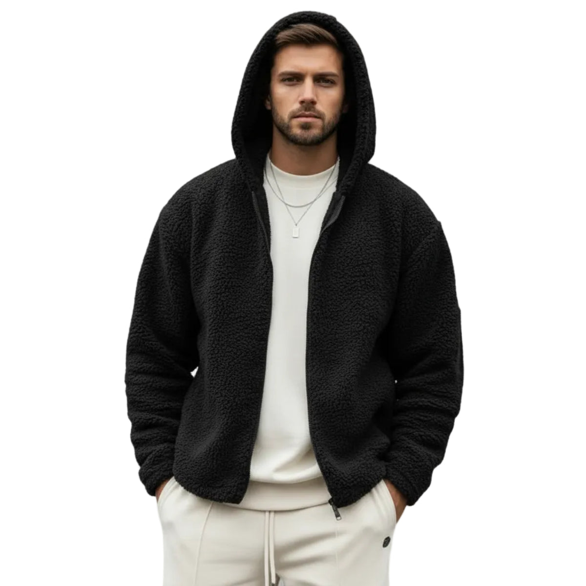 Veste Homme en Fleece à Capuche | Zip Frontal & Poches Latérales | Manches Longues pour Temps Froid au Quotidien | Valuna
