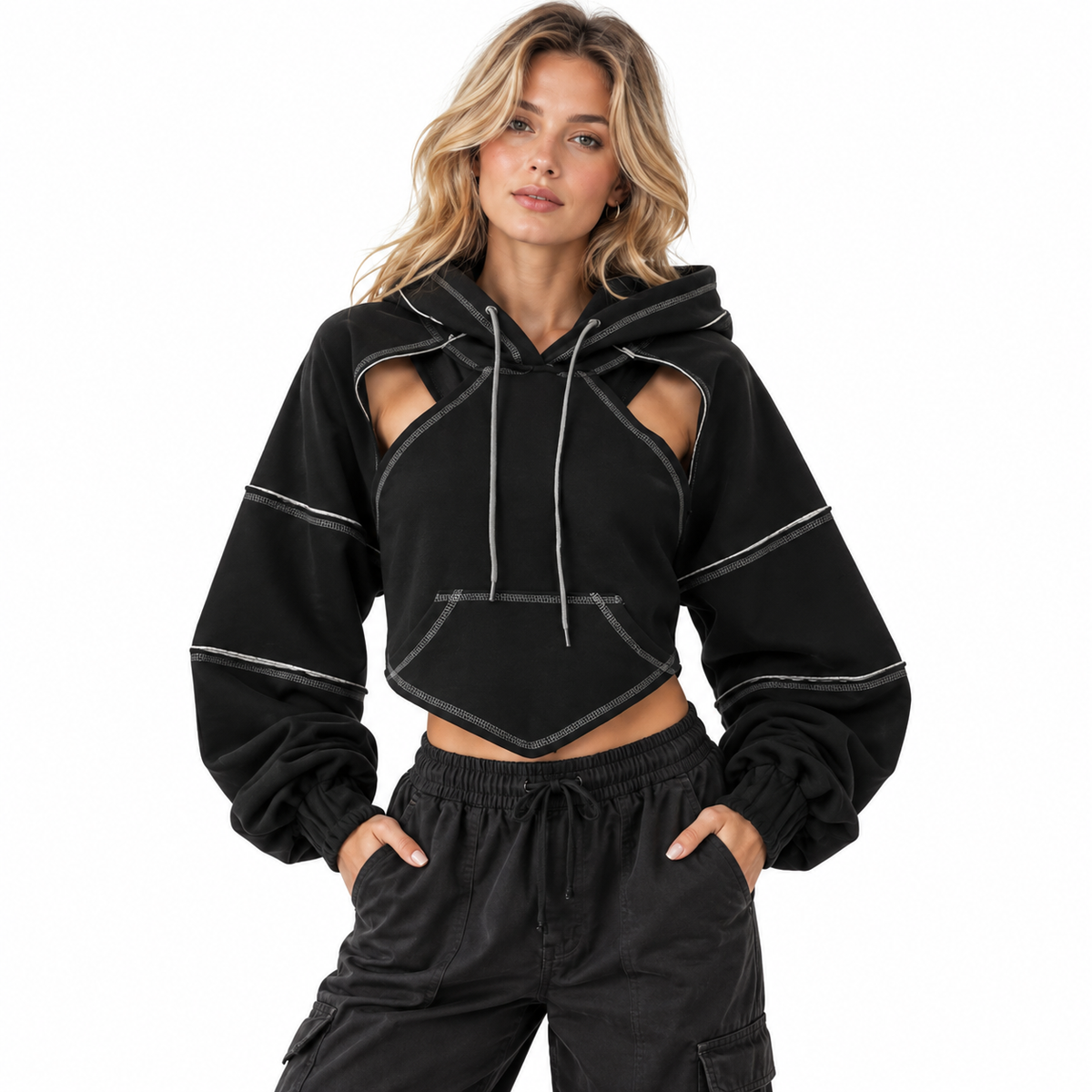 Hoodie Cropped Femme - Découpes aux Épaules avec Coutures Contrastantes et Manches Ballon