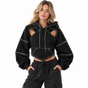 Hoodie Cropped Femme - Découpes aux Épaules avec Coutures Contrastantes et Manches Ballon