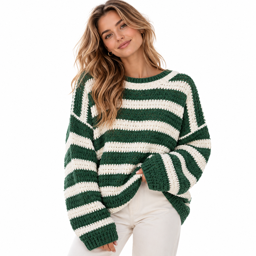 Pull Rayé Femme - Coupe Oversized avec Col Rond et Manches Larges