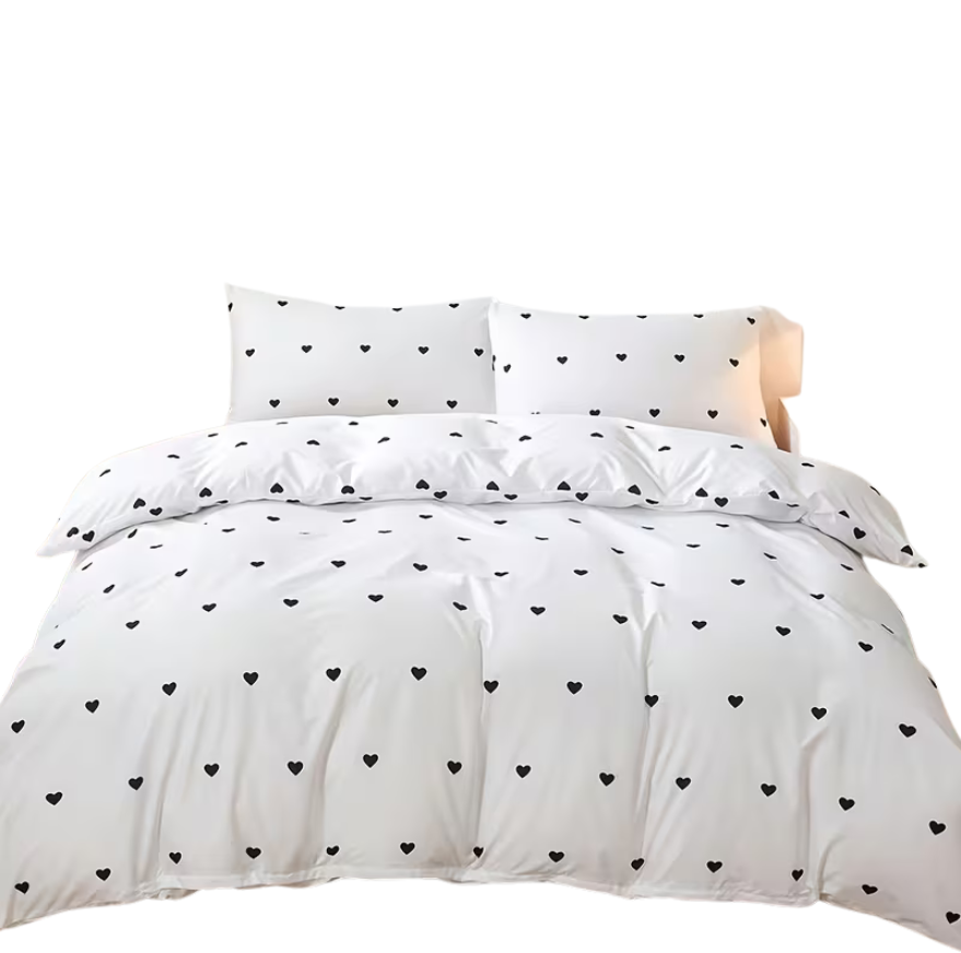 Parure de Housse de Couette en Microfibre Noire à Motif Cœur – Ensemble de Literie pour Usage Quotidien