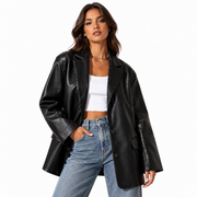 Blazer Femme en Cuir - Revers Classiques avec Fermeture à Un Bouton