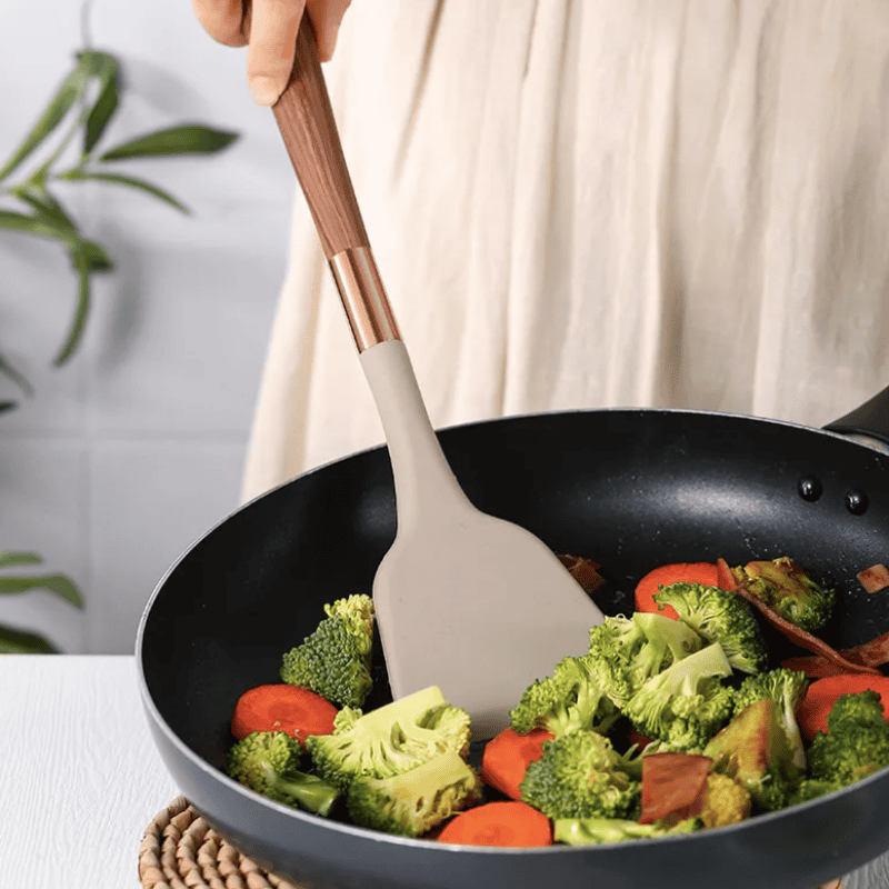 Ensemble d'Ustensiles de Cuisine en Silicone - 10 Pièces avec Manches en Bois