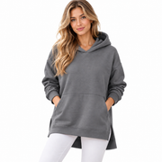Hoodie Longline Femme - Coupe Oversized avec Épaules Tombantes et Fentes Latérales