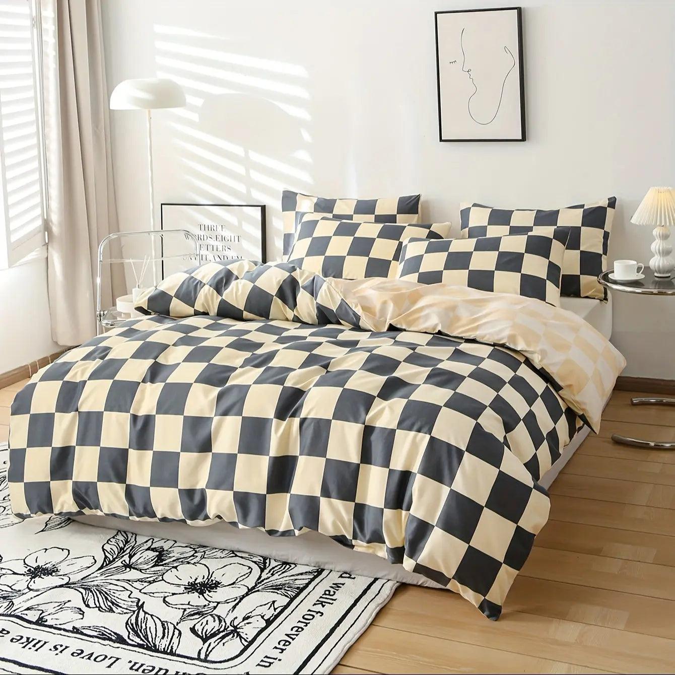 Ensemble de Literie à Motif Carreaux en Mélange de Microfibre - Housse de Couette avec Deux Taies d'Oreiller