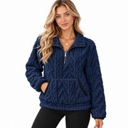 Pull Teddy Femme - Col Montant Demi-Zip avec Poche Kangourou et Manches Longues
