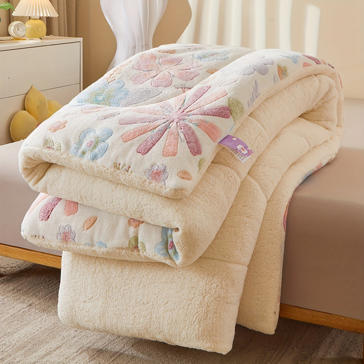 Couette d'Hiver en Fleece à Fleurs - Literie Matelassée en Polyester pour Automne et Hiver