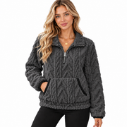 Pull Teddy Femme - Col Montant Demi-Zip avec Poche Kangourou et Manches Longues