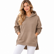 Hoodie Longline Femme - Coupe Oversized avec Épaules Tombantes et Fentes Latérales
