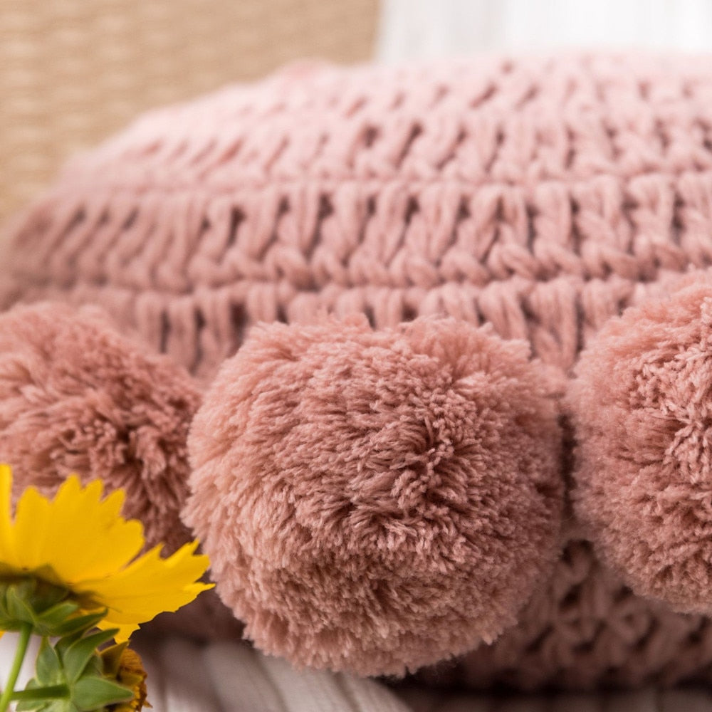 Coussin Décoratif Rond - Coussin en Polyester Tricoté avec Bordure à Pompons Doux