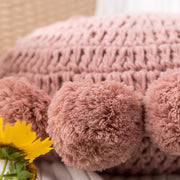 Coussin Décoratif Rond - Coussin en Polyester Tricoté avec Bordure à Pompons Doux