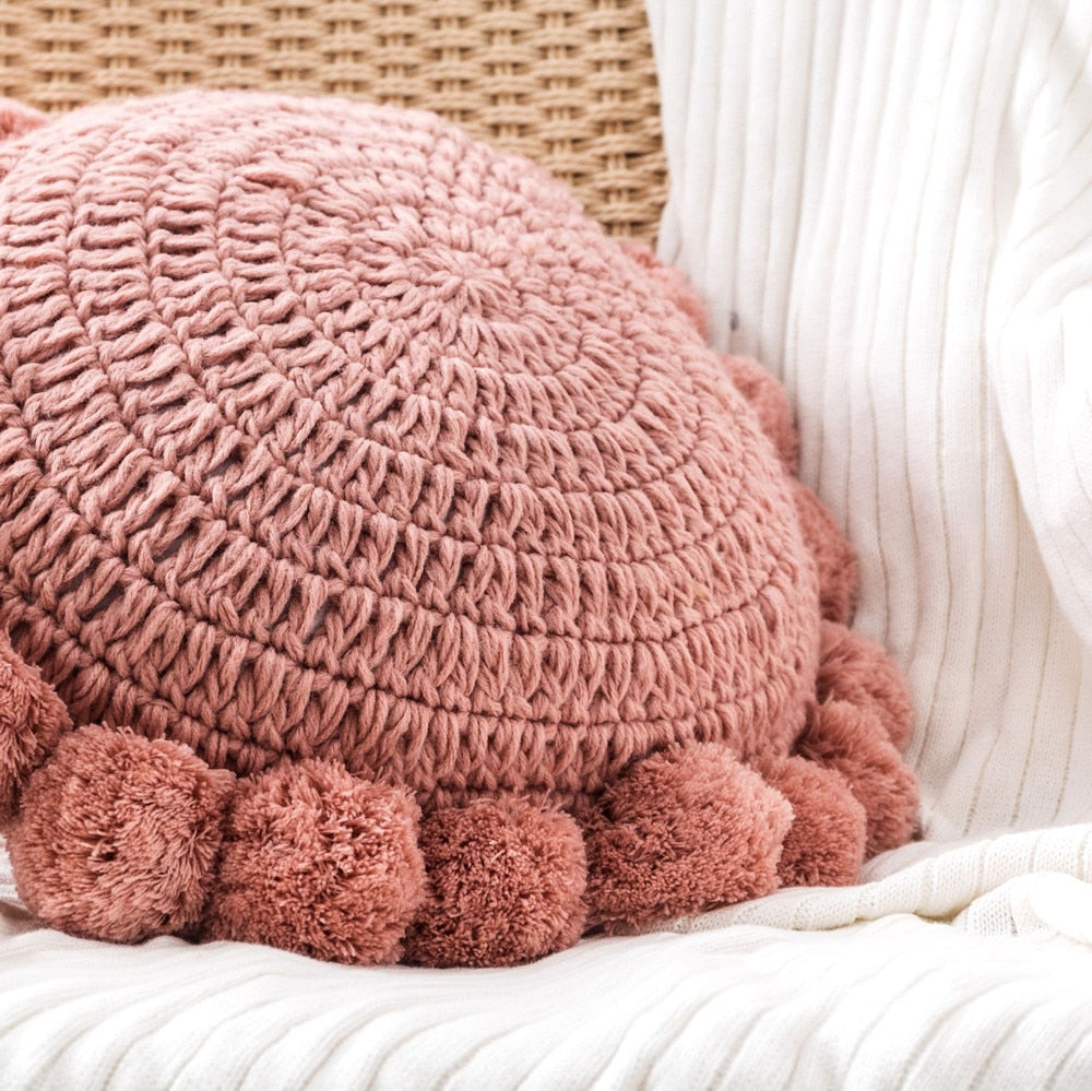 Coussin Décoratif Rond - Coussin en Polyester Tricoté avec Bordure à Pompons Doux