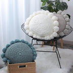 Coussin Décoratif Rond - Coussin en Polyester Tricoté avec Bordure à Pompons Doux