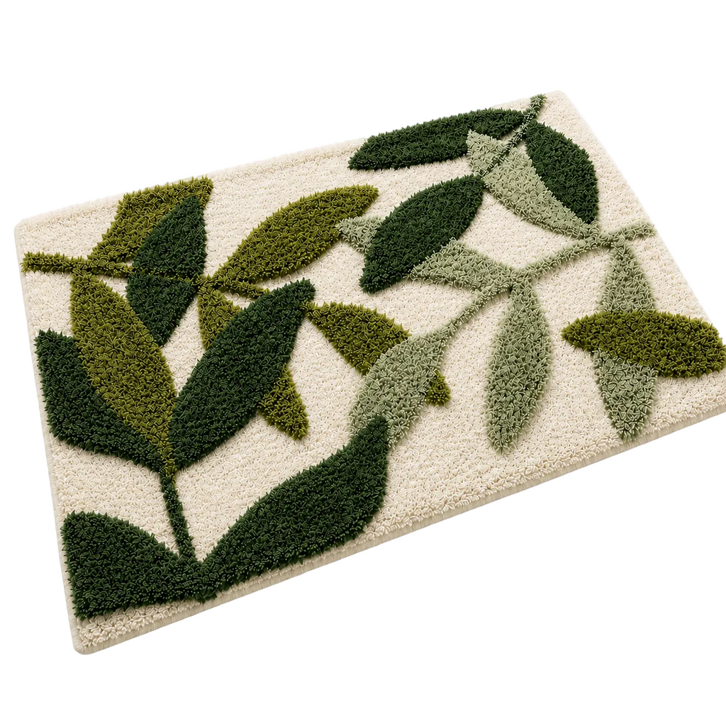 Tapis de Bain Absorbant - Motif Feuilles en Polyester avec Dos Antidérapant TPR