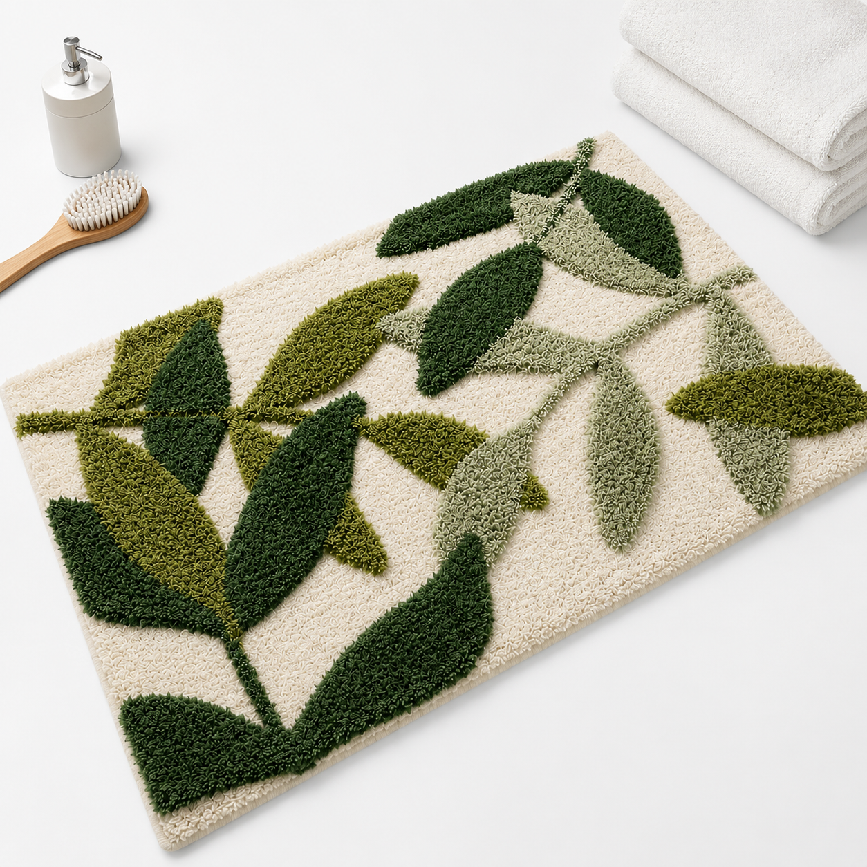 Tapis de Bain Absorbant - Motif Feuilles en Polyester avec Dos Antidérapant TPR