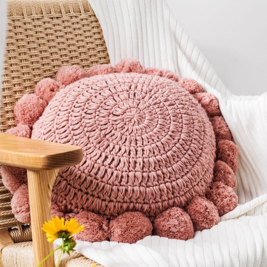 Coussin Décoratif Rond - Coussin en Polyester Tricoté avec Bordure à Pompons Doux