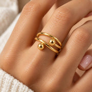 Bague Ouverte Femme en Acier Inoxydable - Design Réglable Doré à Deux Boules