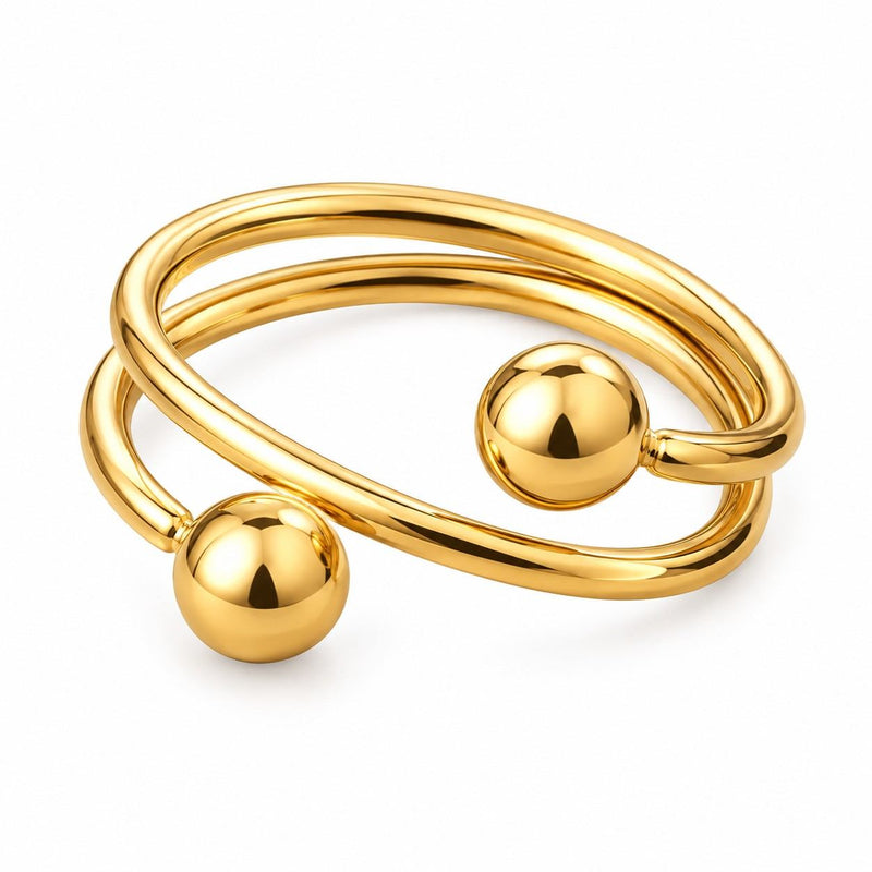 Bague Ouverte Femme en Acier Inoxydable - Design Réglable Doré à Deux Boules