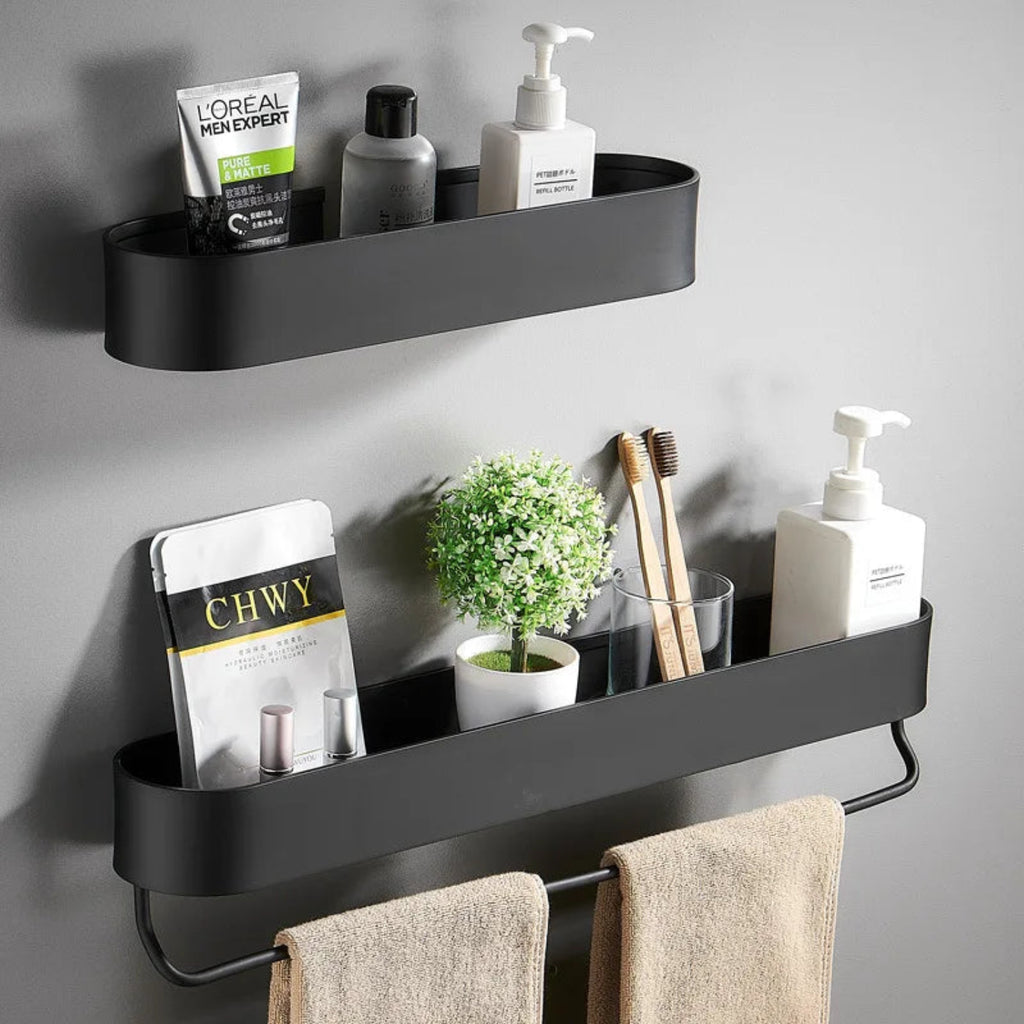 Étagère Murale de Salle de Bain Noire - Panier de Douche en Acier Inoxydable avec Barre Porte-Serviettes