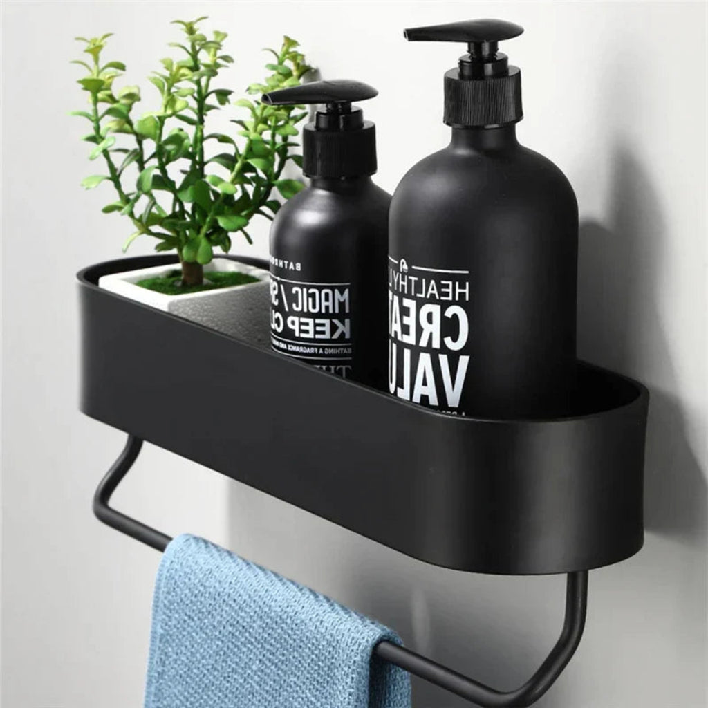Étagère Murale de Salle de Bain Noire - Panier de Douche en Acier Inoxydable avec Barre Porte-Serviettes