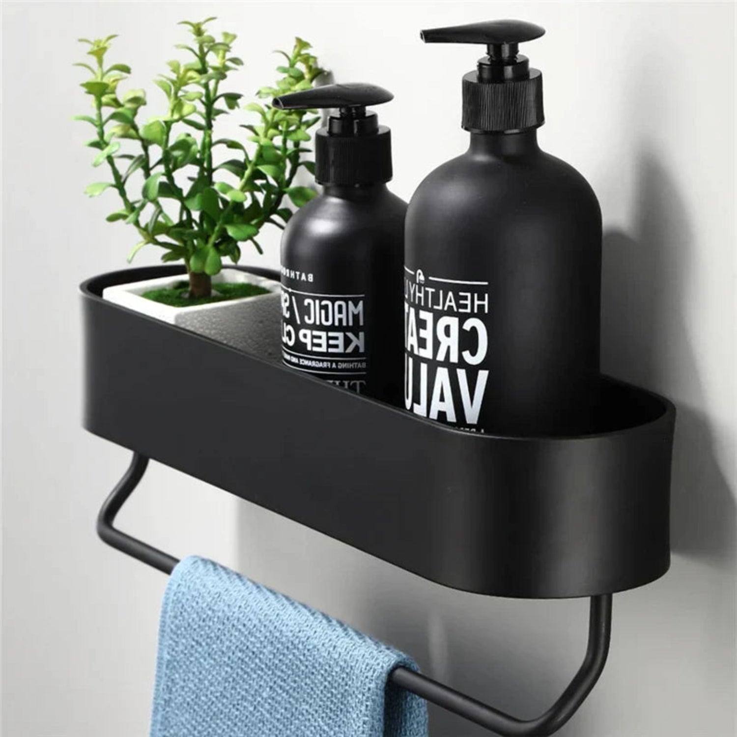Étagère Murale de Salle de Bain Noire - Panier de Douche en Acier Inoxydable avec Barre Porte-Serviettes