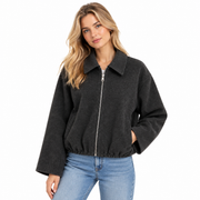 Veste Bomber Courte Aspect Velours pour Femme - Coupe Ample, Col Pointu, Zip Frontal et Bas Froncé