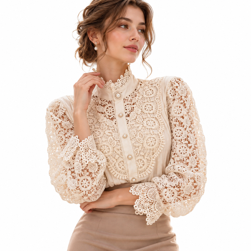 Blouse Femme en Dentelle Boutonnée - Manches Longues avec Col Rabattu