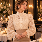 Blouse Femme en Dentelle Boutonnée - Manches Longues avec Col Rabattu