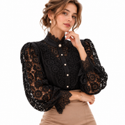 Blouse Femme en Dentelle Boutonnée - Manches Longues avec Col Rabattu