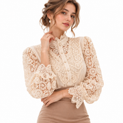 Blouse Femme en Dentelle Boutonnée - Manches Longues avec Col Rabattu