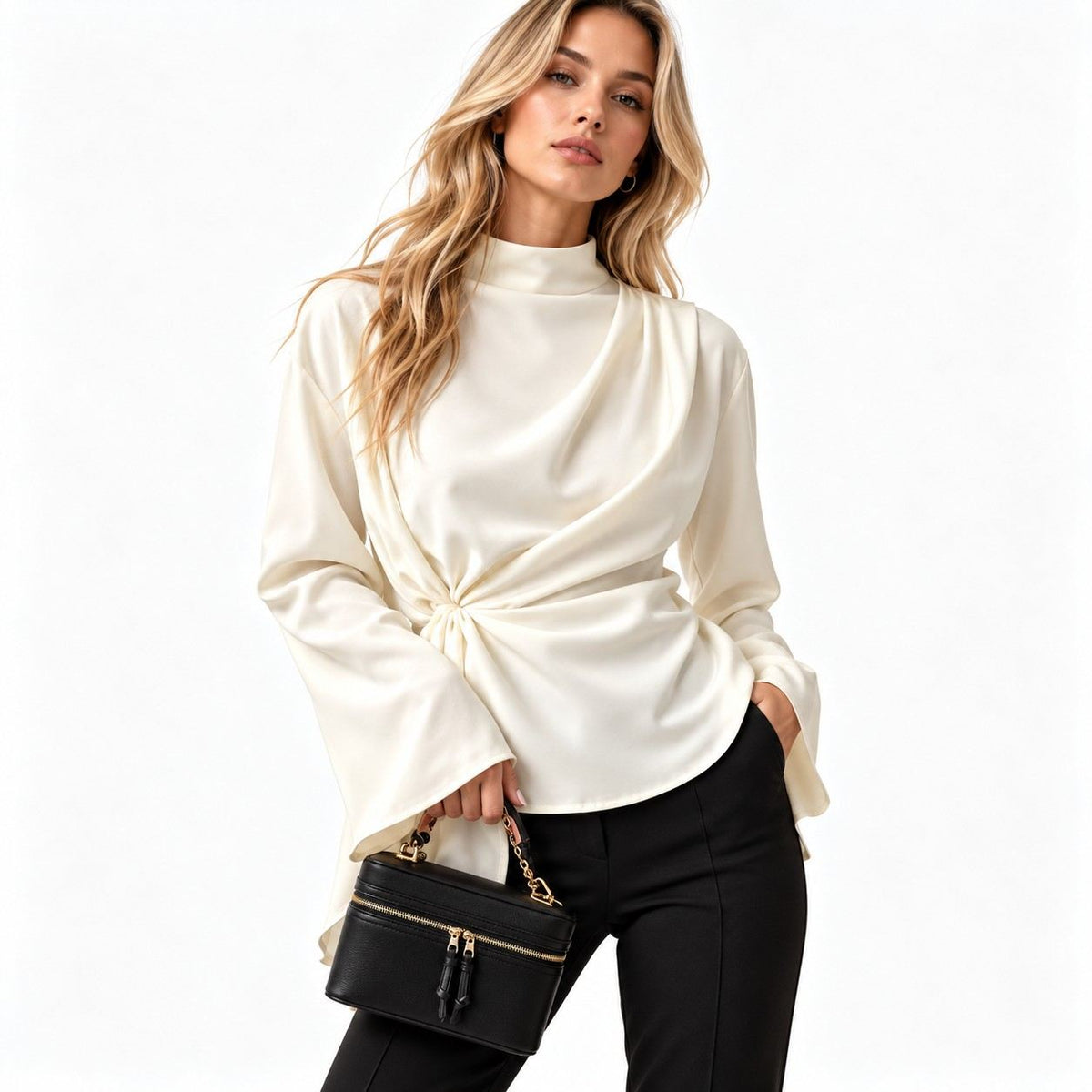 Blouse Femme en Mousseline de Polyester - Col Montant avec Manches Évasées et Plis
